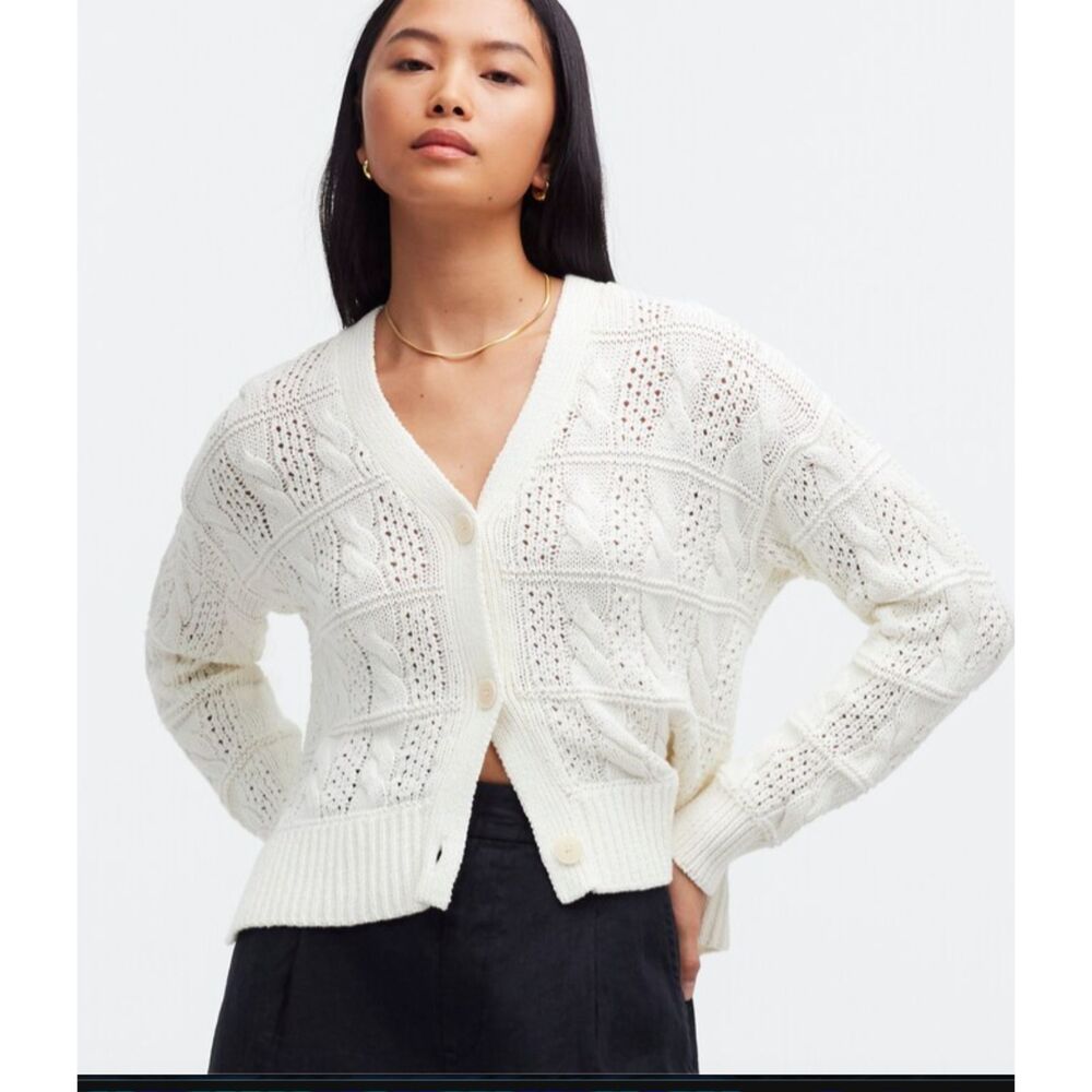 Madewell Open Cable-Stitch Cardigan Sweater Ivory Medium Knit Cottagecore Casual